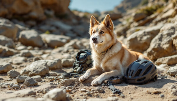 Chien avec equipement d'escalade