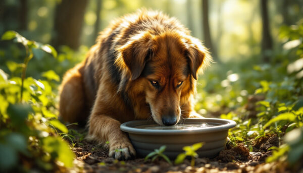 Chien en train de boire dans la forêt