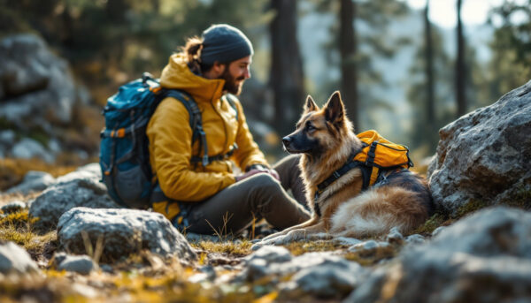 Chien et son maitre sur un site d'escalade en montagne