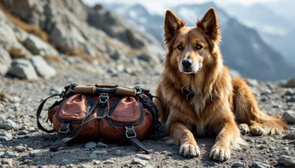 chien à coté d'un sac d'escalade en montagne